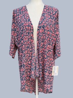 LuLaRoe Lindsay Blue & Coral Geometric Hi-Lo Open Front 3/4 Sleeve Kimono, Small